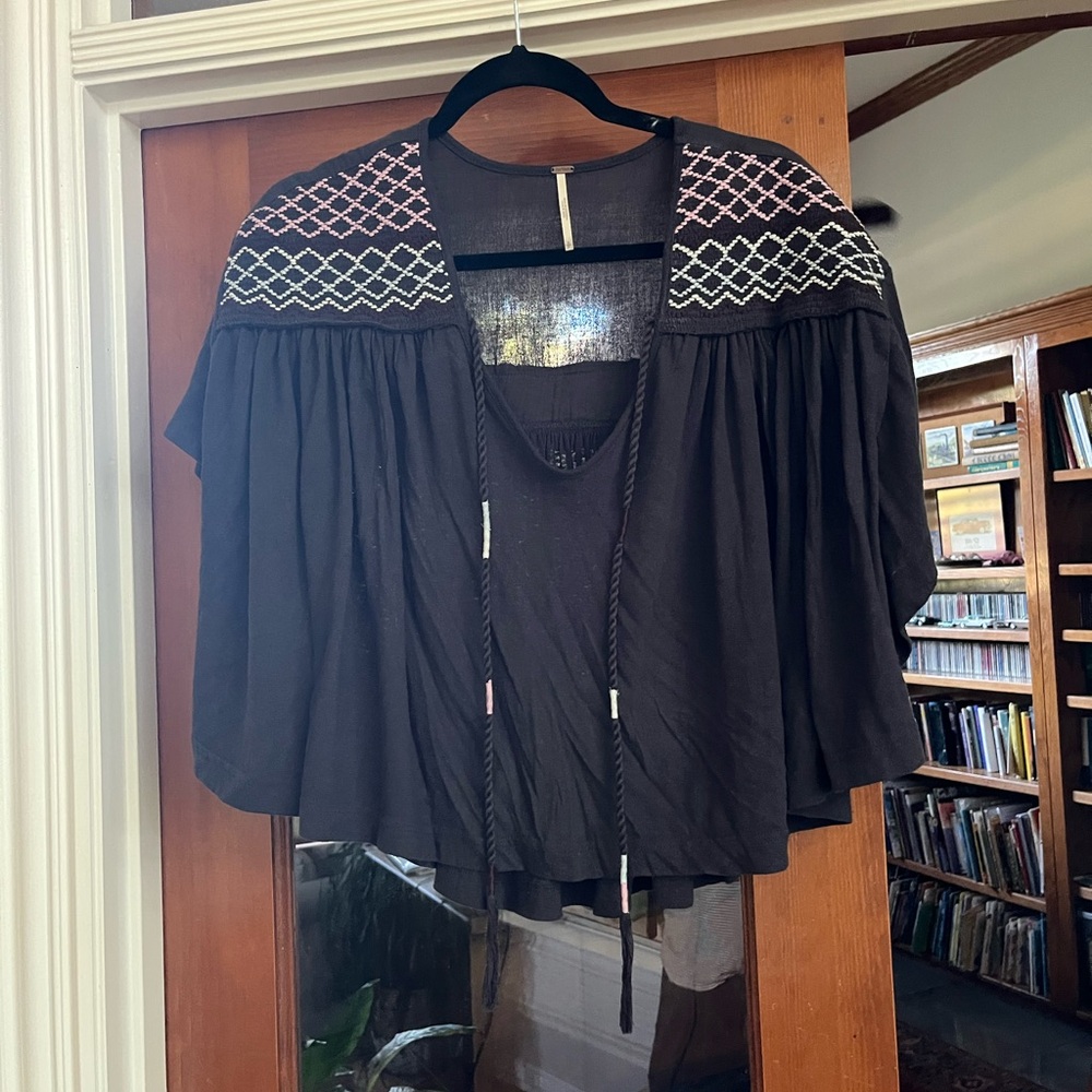 Black Embroidered Cape with Pink and White Accents